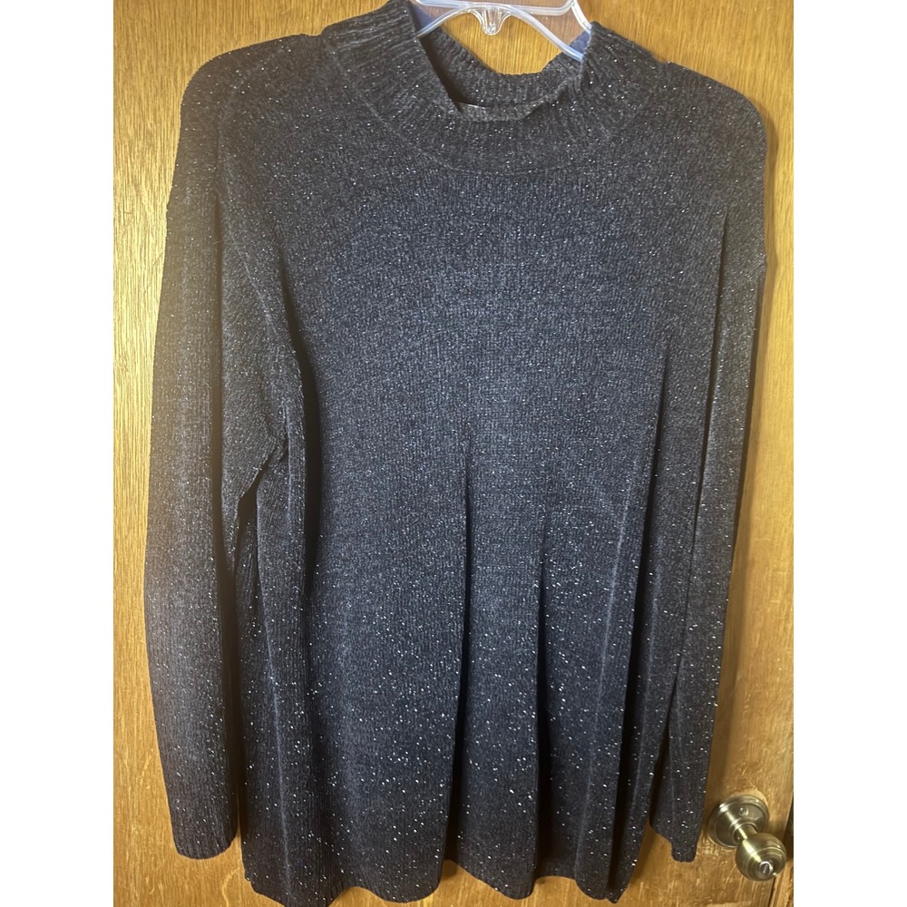 Valerie Stevens Sport Womens Black Metallic Shimmer Mock Neck Sweater Medium